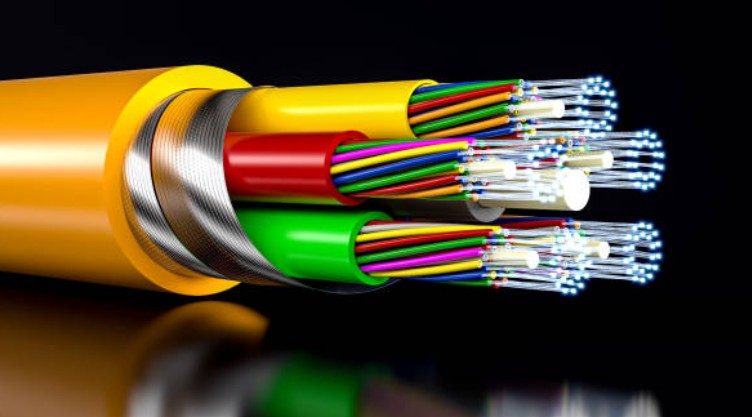 Fiber optic cable cross-section showing colorful internal strands
